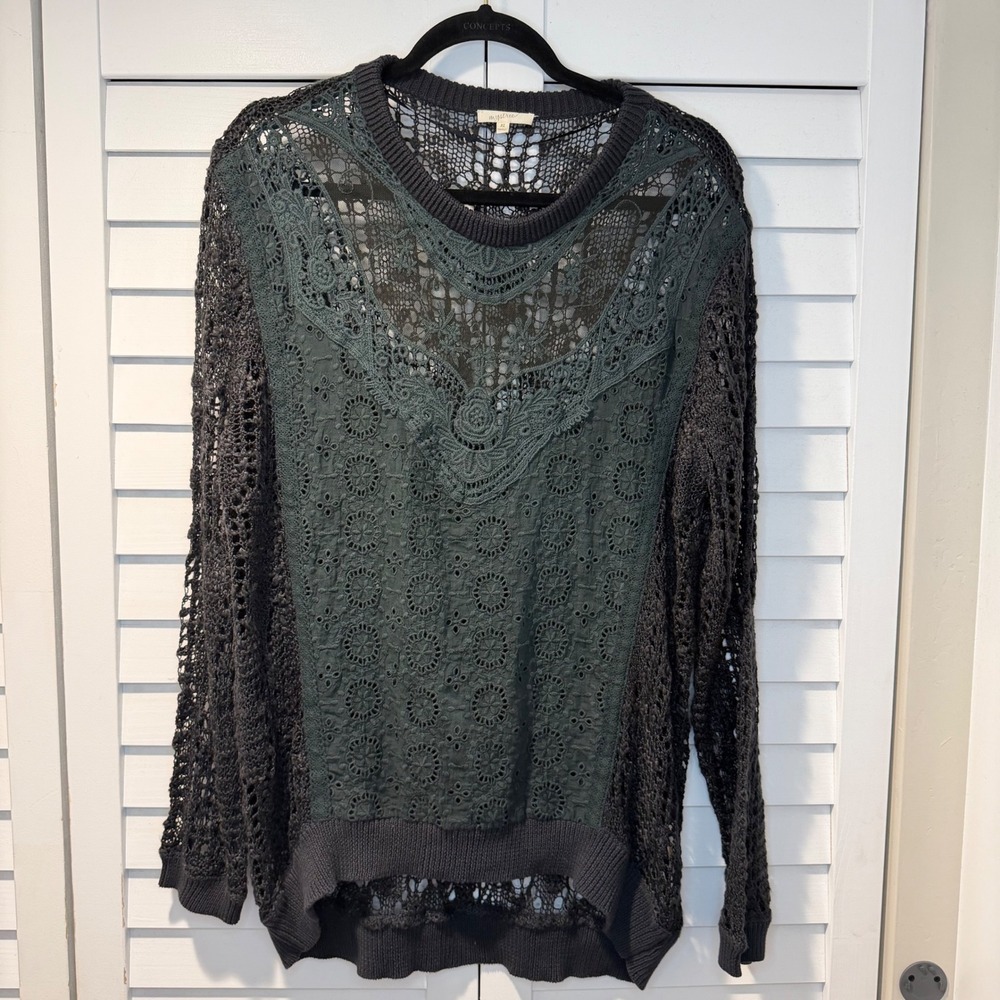 Mystree Womens XL Charcoal Open Knit Lace Crochet Front Eyelet Pullover Sweater